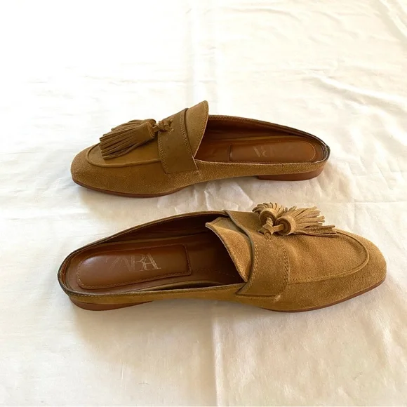 Zara Suede Tan/Brown Loafer Mules Women’s EU 39 Slip-On Flats Tassel - Picture 5 of 11